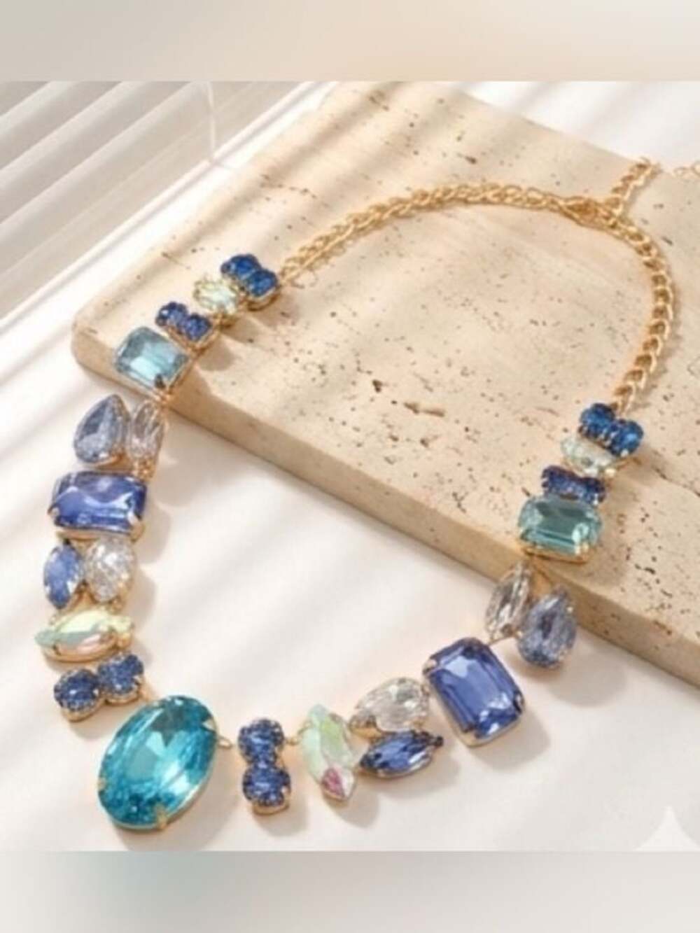 Chunky Gold Blue Crystal Rhinestone Statement Collar Necklace - Picture 4 of 4